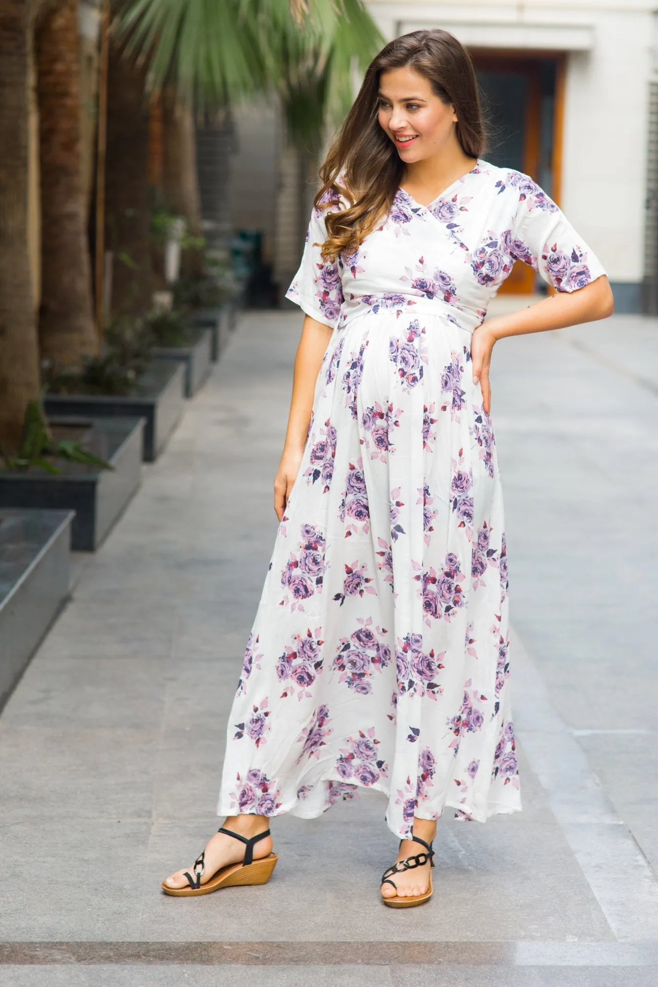 White Lavender Maternity & Nursing Wrap Dress