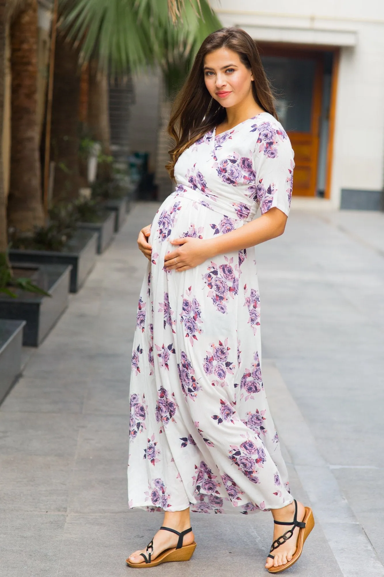 White Lavender Maternity & Nursing Wrap Dress