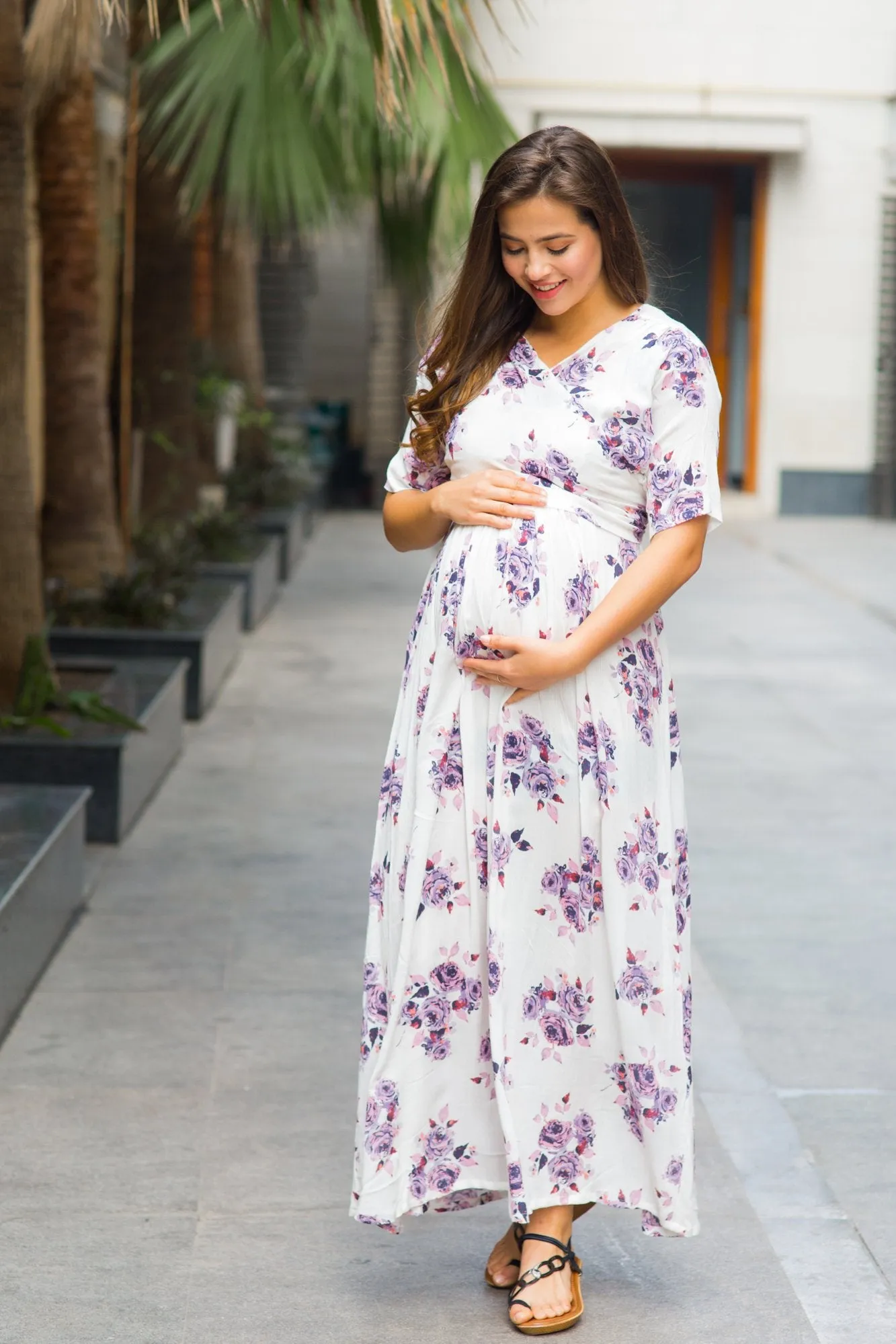 White Lavender Maternity & Nursing Wrap Dress