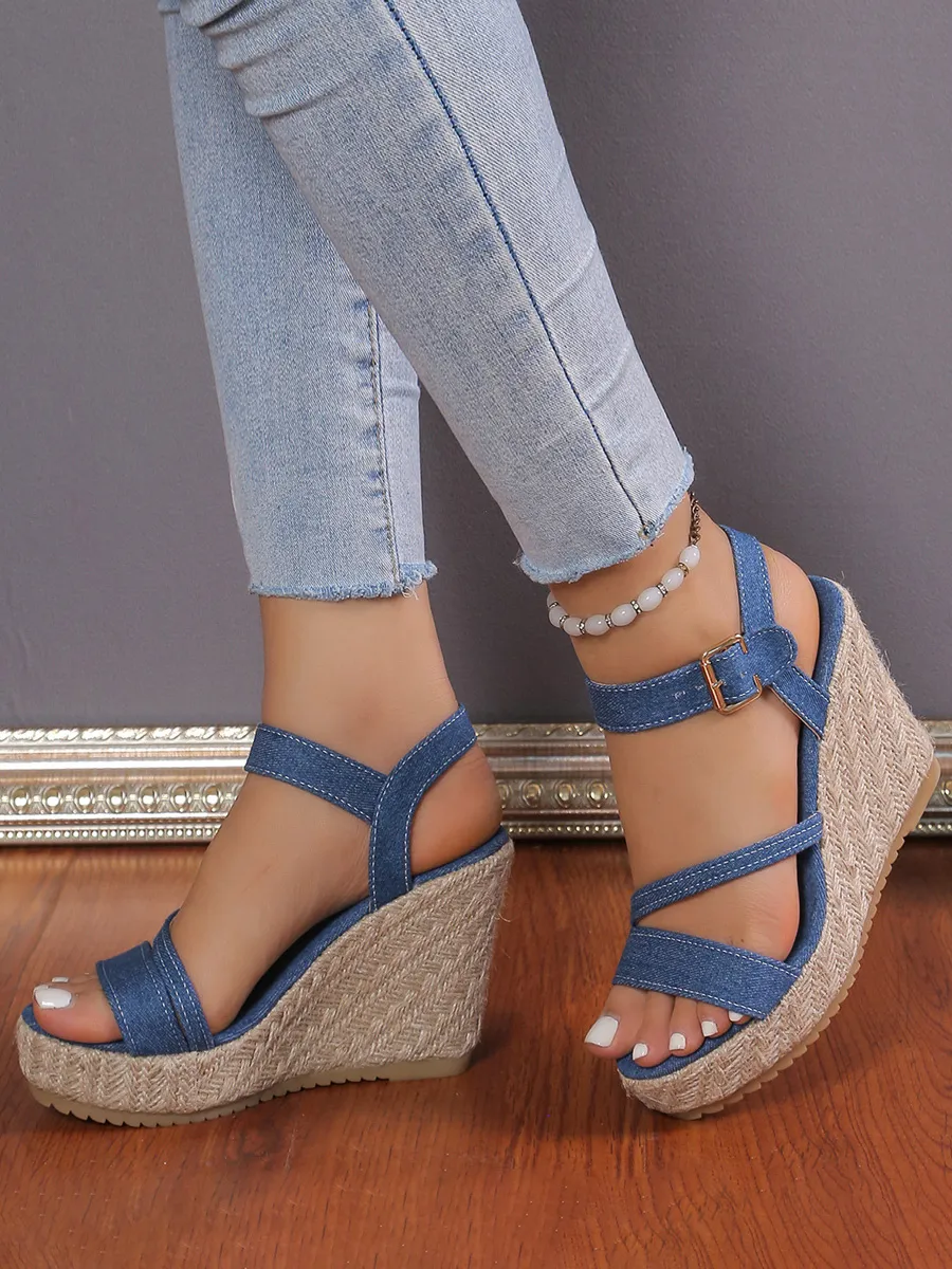 Women's Denim Wedge Sandals Platform Buckle Details