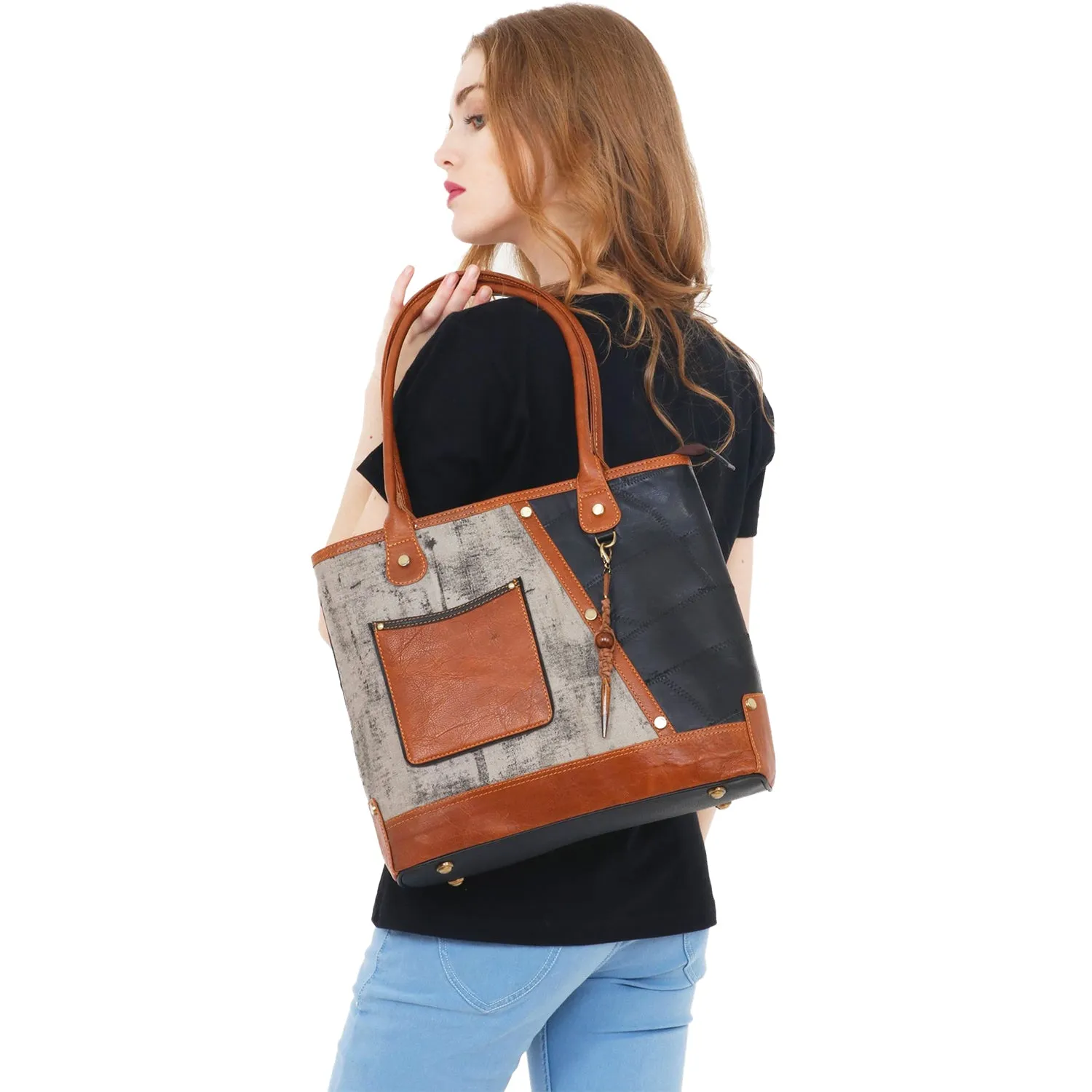 Women's Vaan and Co. Tessa Tote Black/Grey/Tan Leather