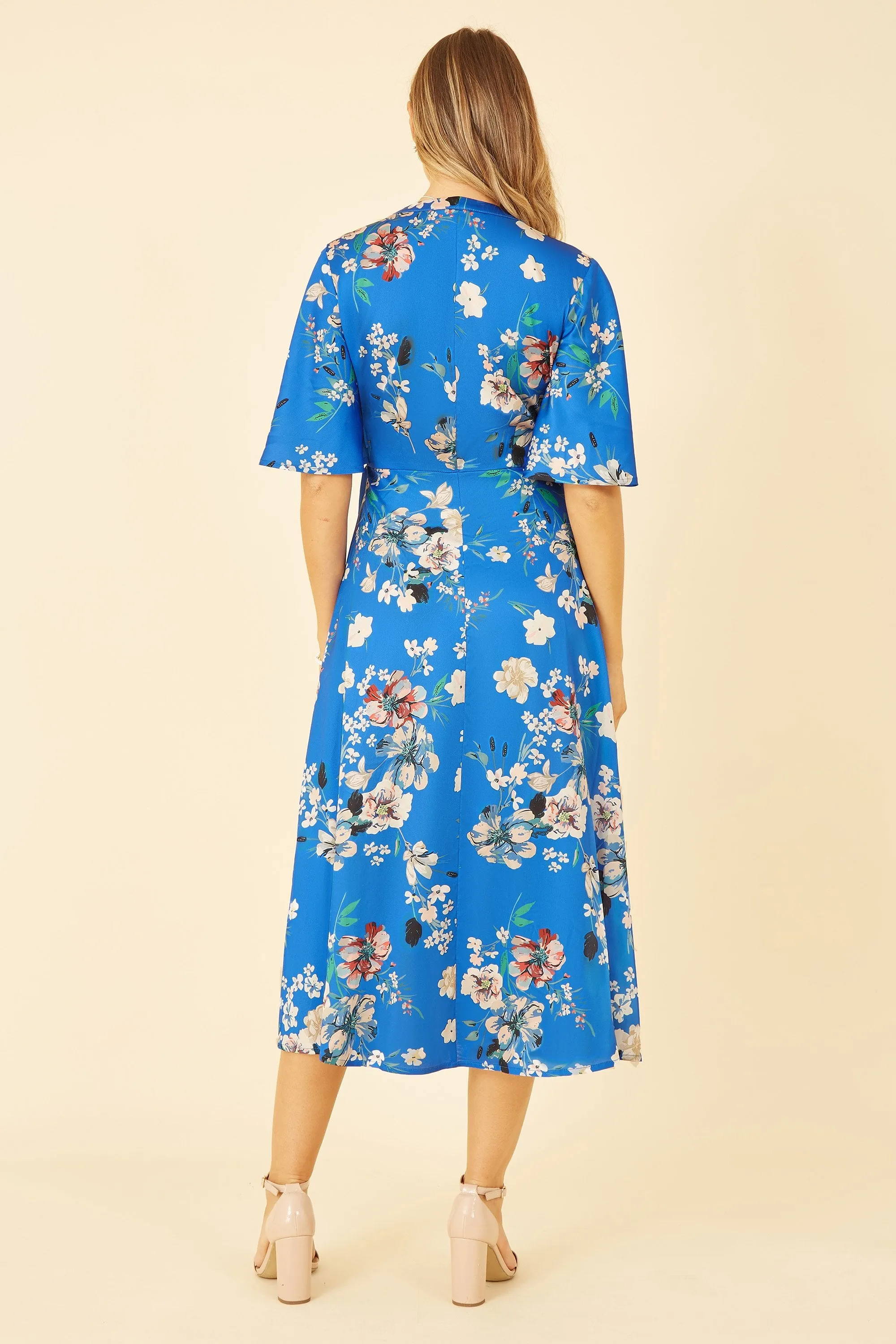 Yumi Blue Floral Satin Wrap Dress