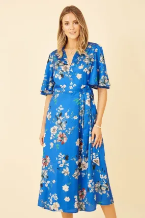 Yumi Blue Floral Satin Wrap Dress