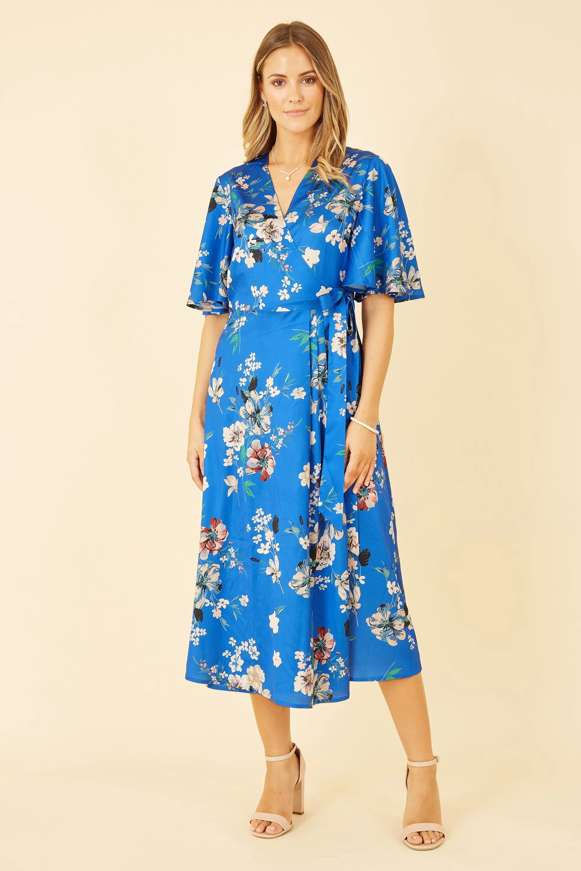 Yumi Blue Floral Satin Wrap Dress