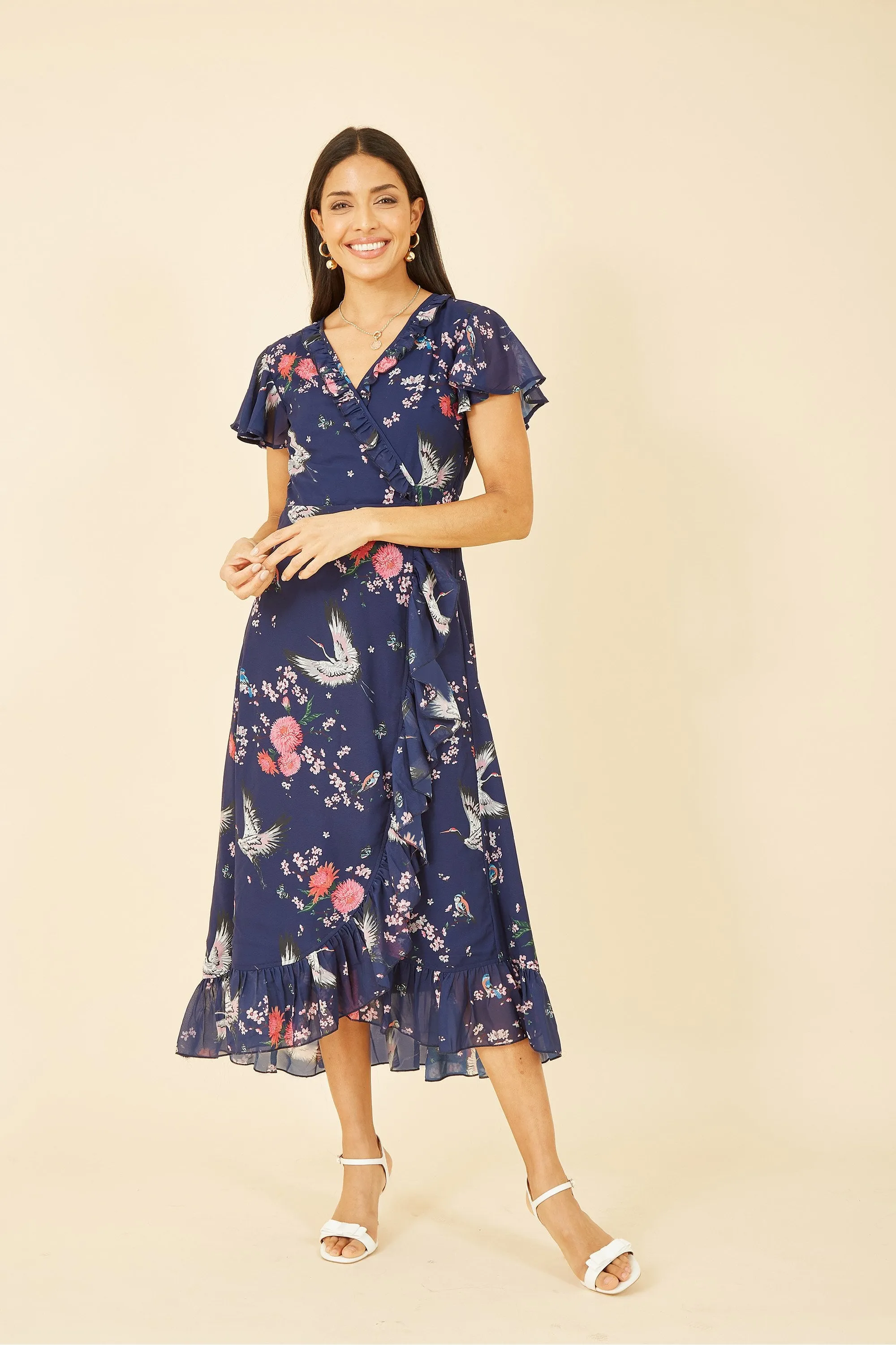 Yumi Navy Satin Crane Print Wrap Dress