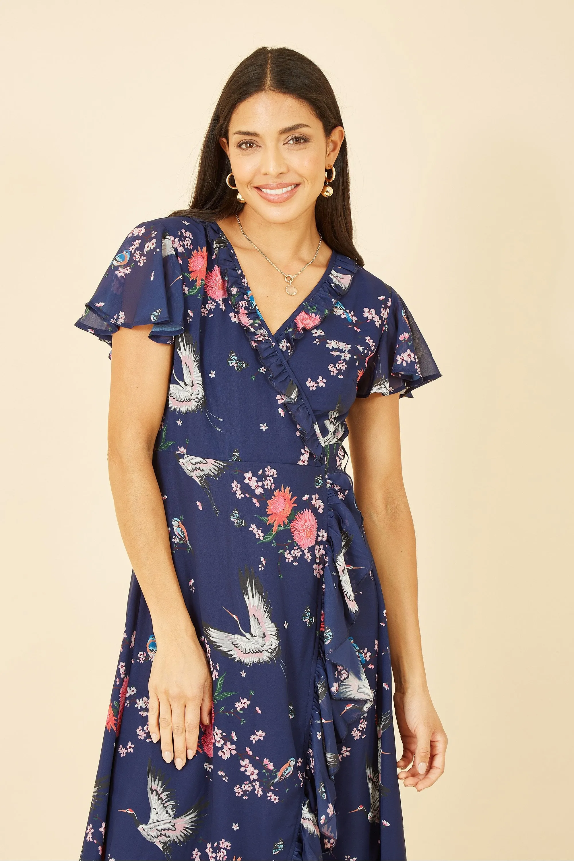 Yumi Navy Satin Crane Print Wrap Dress