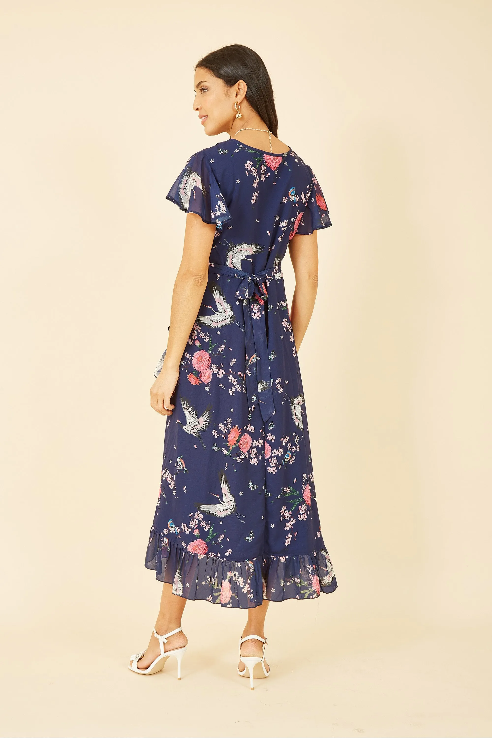 Yumi Navy Satin Crane Print Wrap Dress